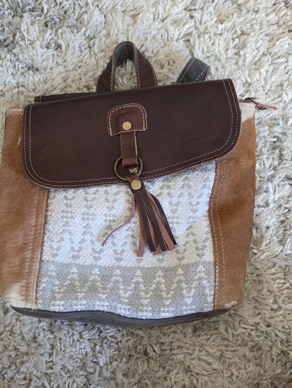 Myra Bag Brown & Cream Patterned Tassel Backpack